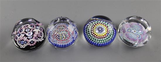 Four Whitefriars concentric millefiore glass paperweights, 7.5cm - 8cm